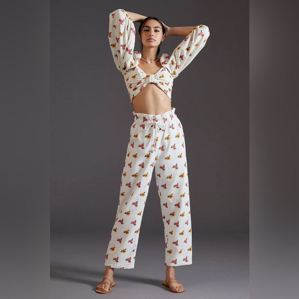 NWT Anthropologie FARM Rio Mixed cross stitch Flowers embroidered pants size MED